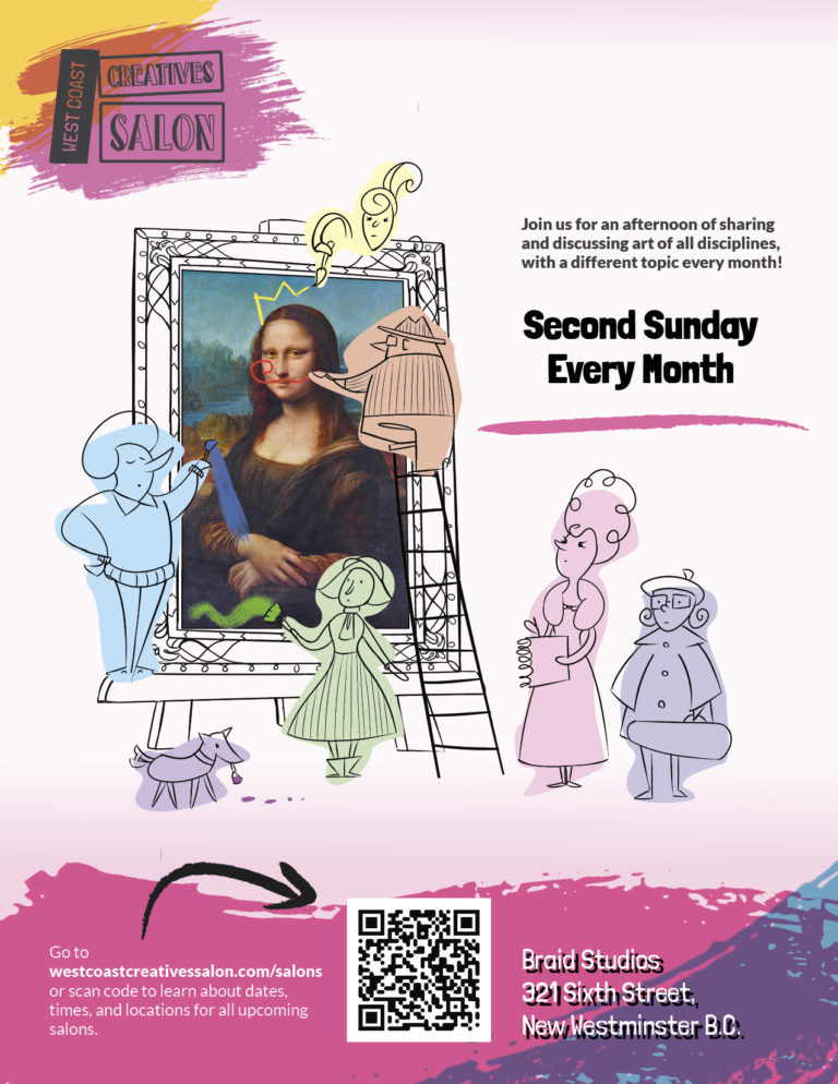 Poster for West Coast Creatives Salon that features several cartoon people painting on the Mona Lisa