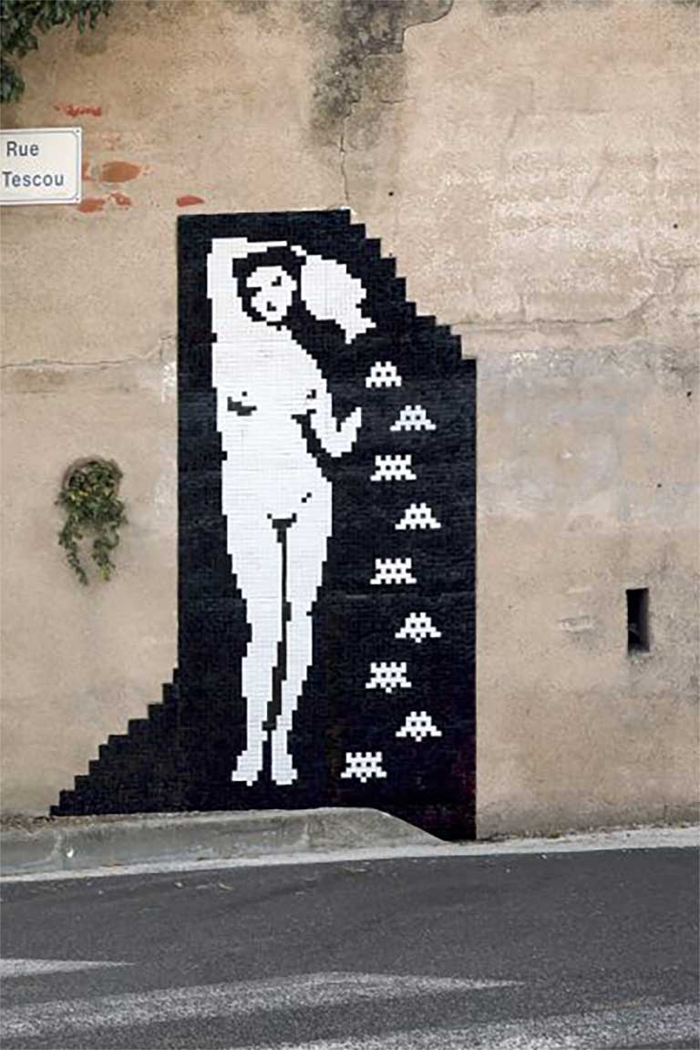 Black and white graffiti in a pixellated style showing a nude woman dropping alien space ships from a vase