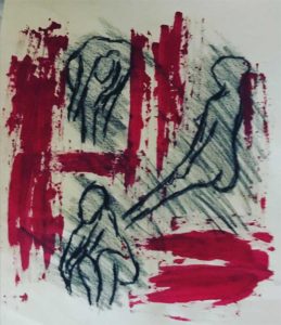 Messy painting with black and red strokes. Several outlined nude figures lie between splashes of red.