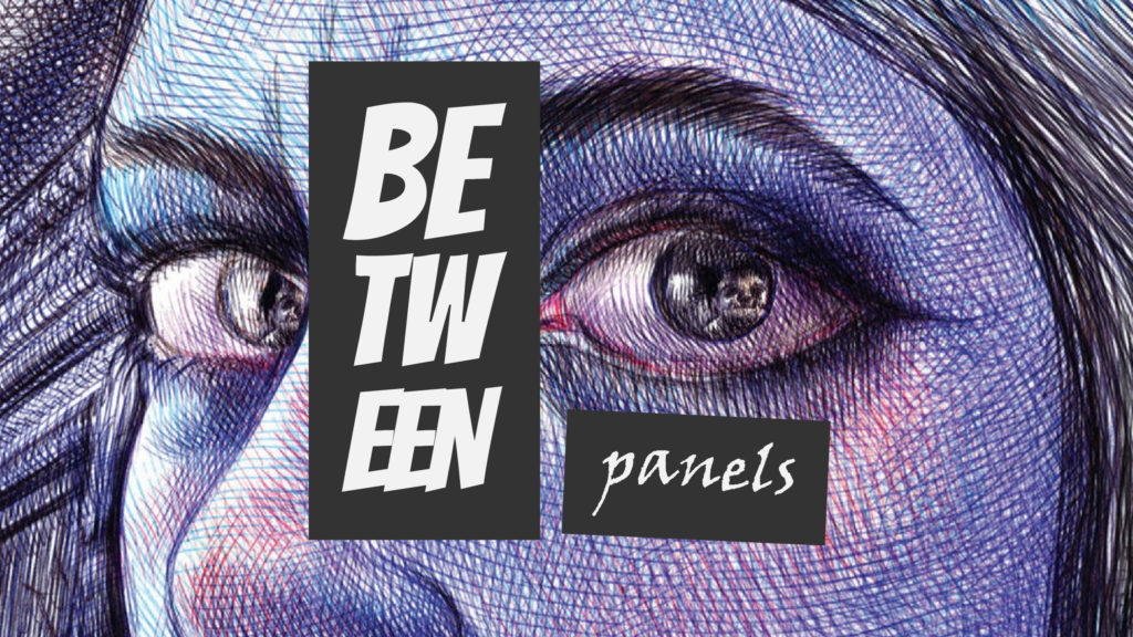 Close up of an illustration of a woman's eye with purple skin, drawn by Emil Ferris.