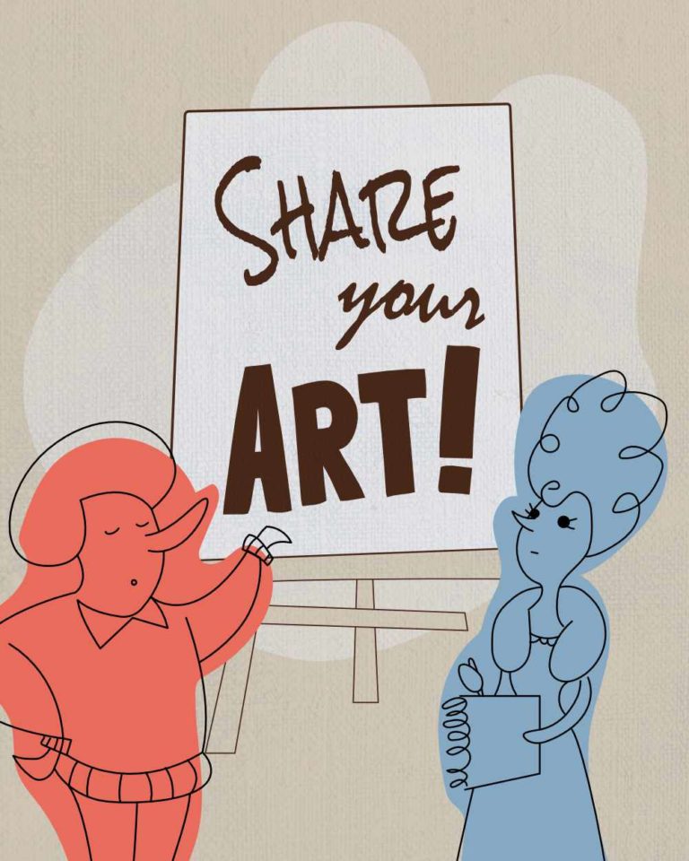 Two cartoon people observing a canvas with the words "Share your art" written on it.